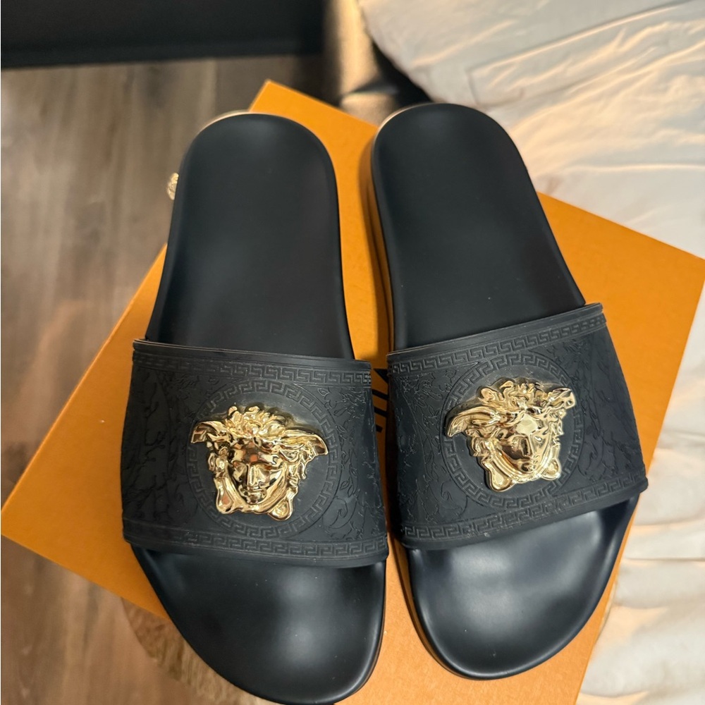 Versace Men's Black Slides with Gold Medusa